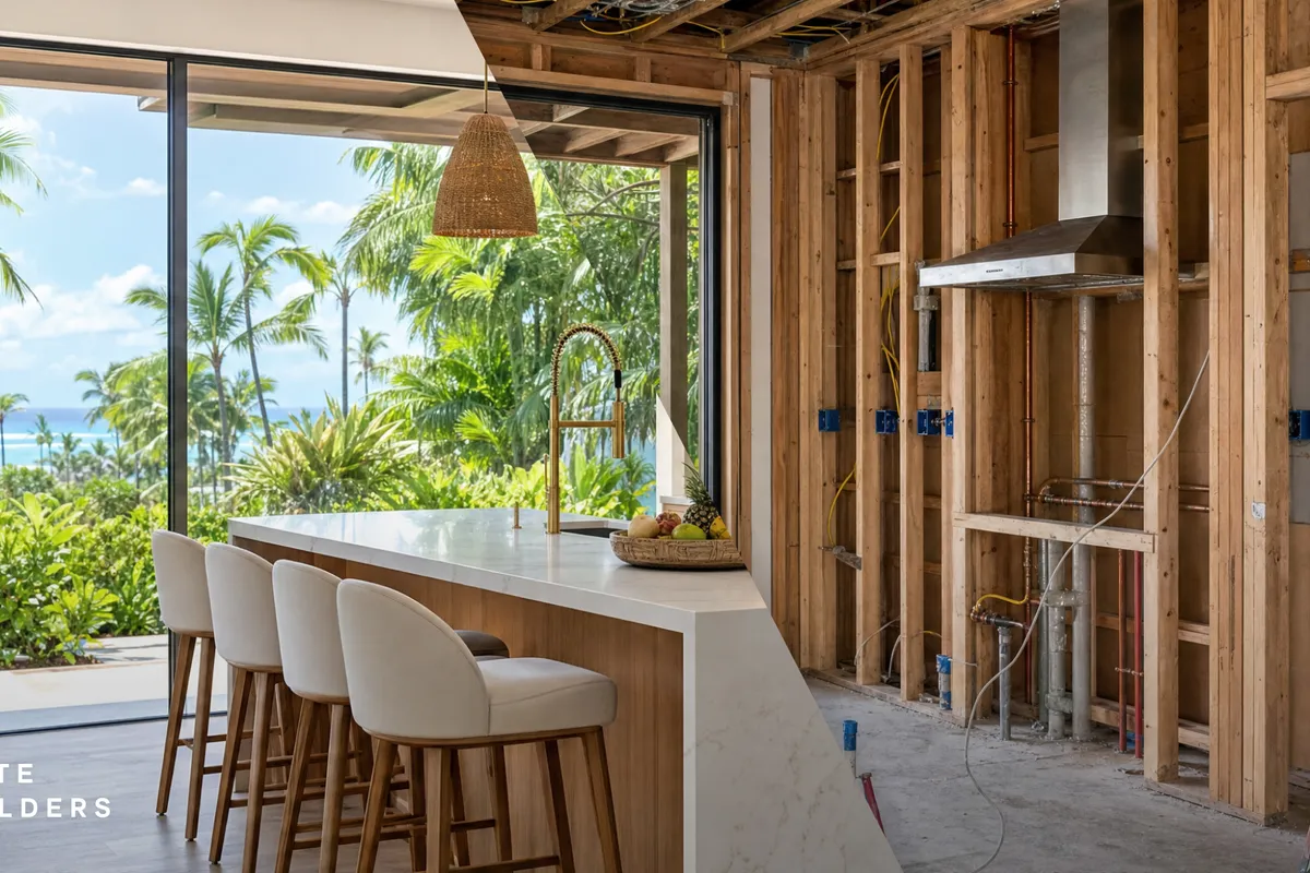 Elite Builders branded kitchen renovation photo, showing a finished luxury kitchen blending into an in-progress framed construction site