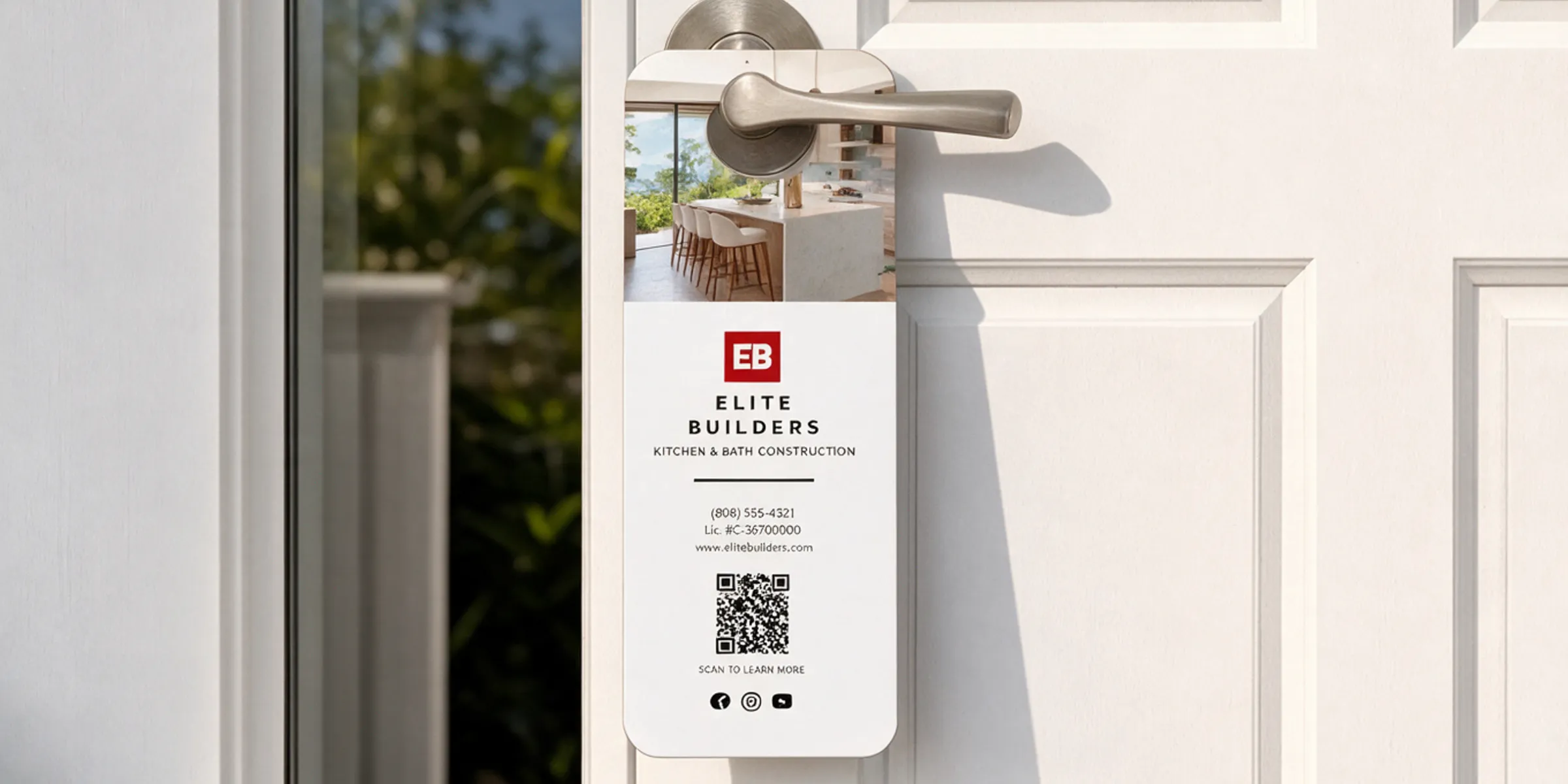 Elite Builders branded door hanger with logo and QR code