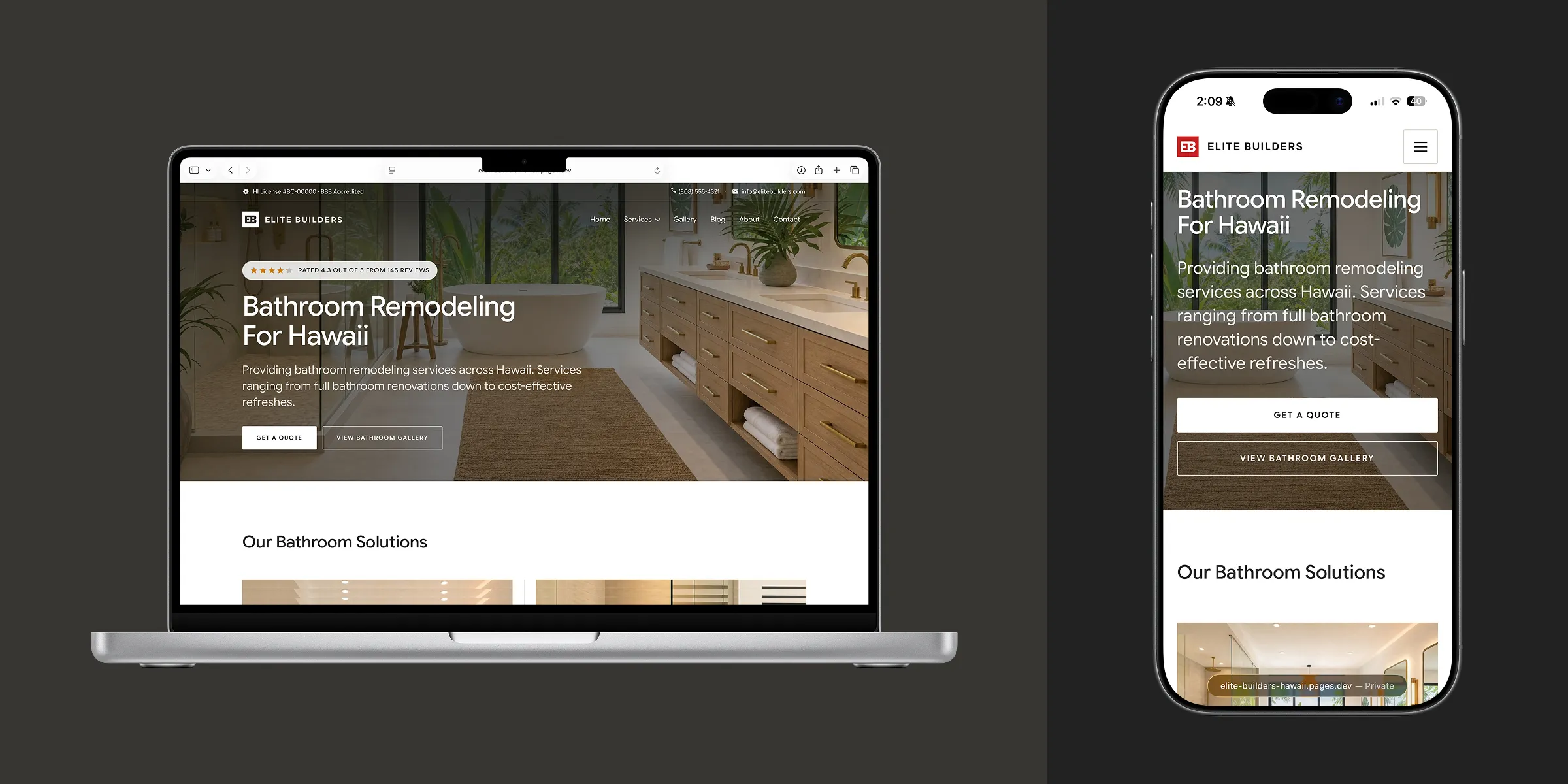 Elite Builders website shown responsively on both desktop and mobile