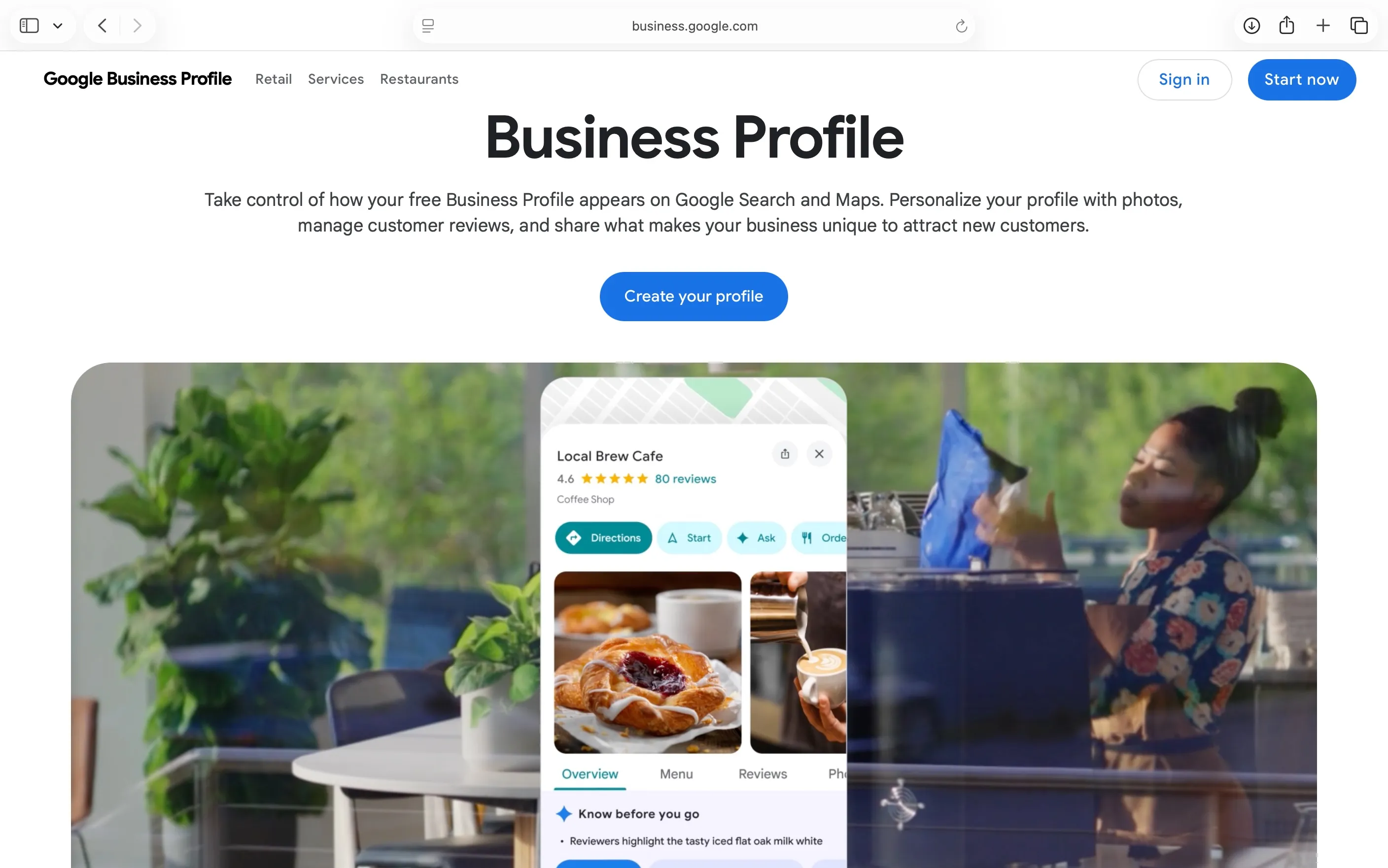 Google’s Business Profile product page, showing a sample business listing with ratings, photos, and quick-action buttons