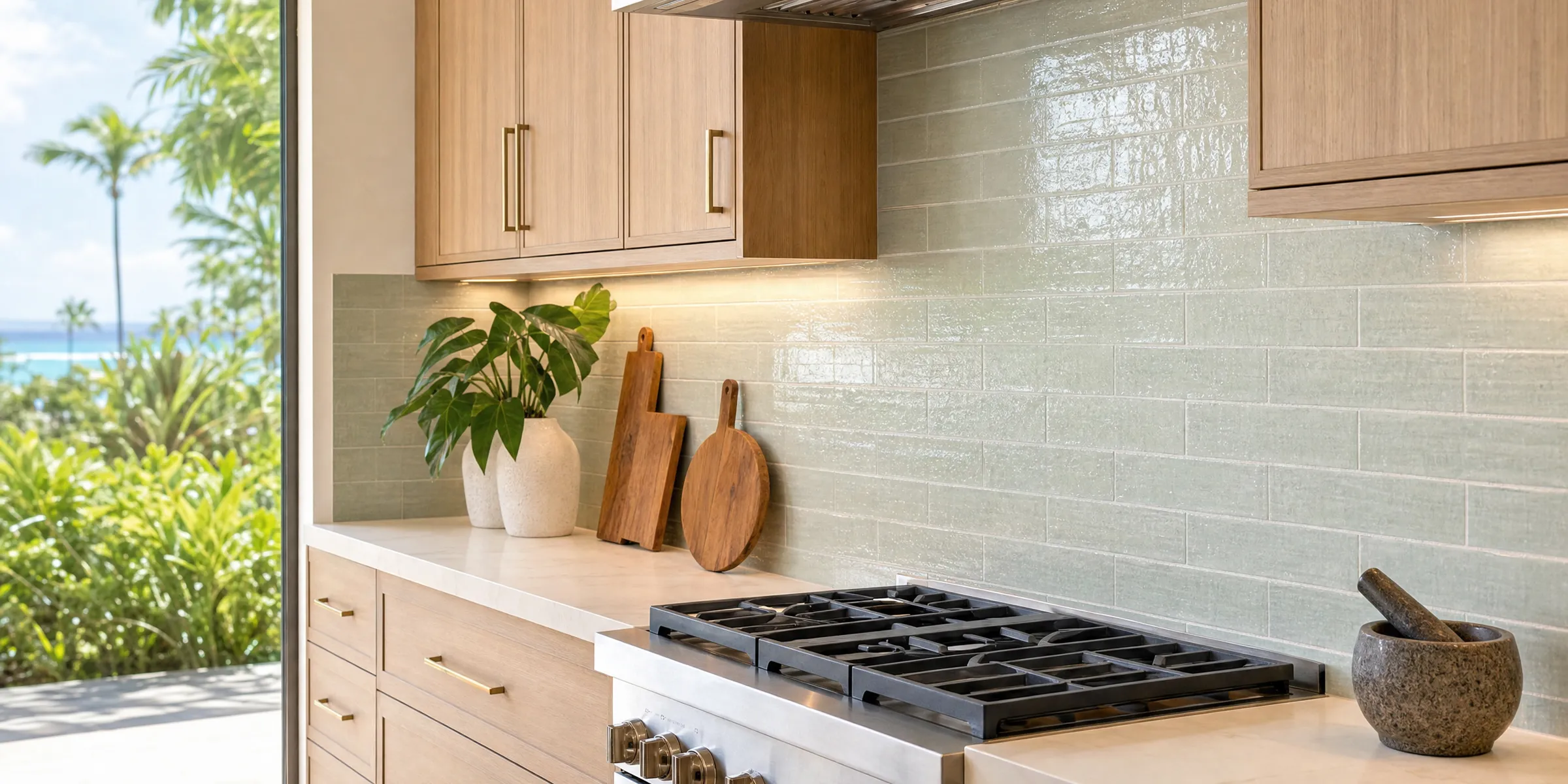 Detail shot of a finished luxury kitchen renovation with tile backsplash and a view of palm trees and the ocean
