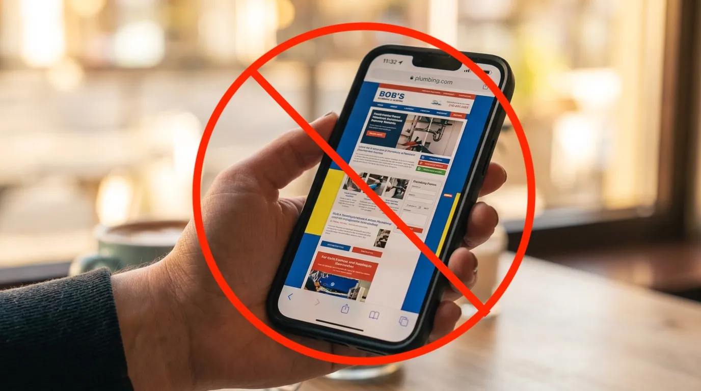 A hand holding a phone showing a cluttered, hard-to-use plumbing website, marked with a red no-entry symbol