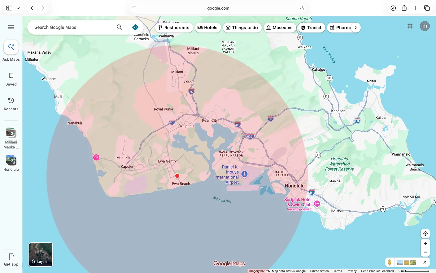 A service-area radius mapped out in Google Maps, covering central and leeward Oʻahu