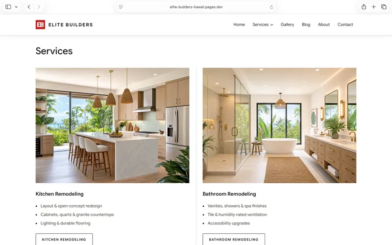 Elite Builders website services page