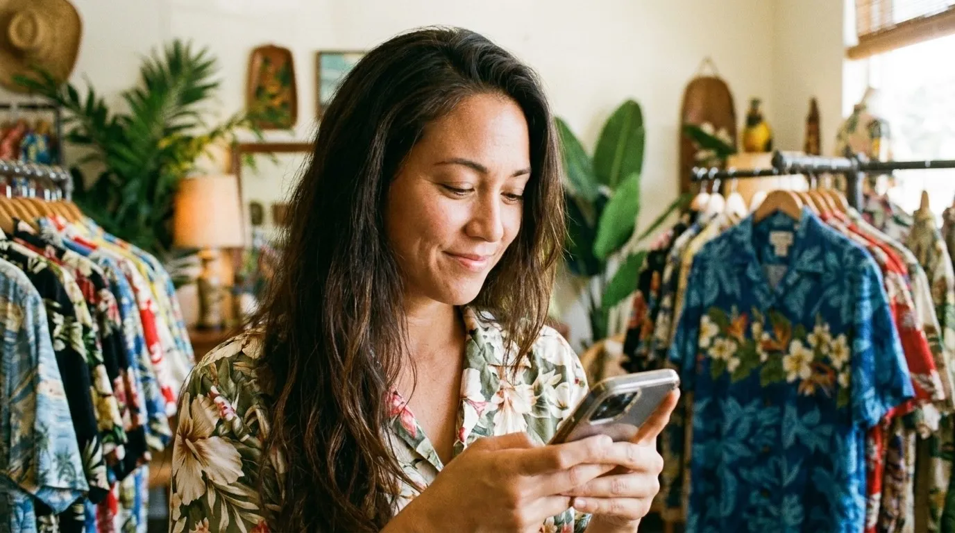 A local shop owner checking her phone in her vintage aloha-shirt shop